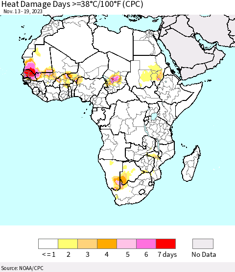 Africa Heat Damage Days >=38°C/100°F (CPC) Thematic Map For 11/13/2023 - 11/19/2023