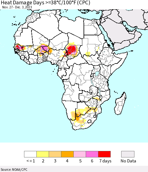Africa Heat Damage Days >=38°C/100°F (CPC) Thematic Map For 11/27/2023 - 12/3/2023