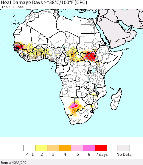 Africa Heat Damage Days >=38°C/100°F (CPC) Thematic Map For 2/5/2024 - 2/11/2024