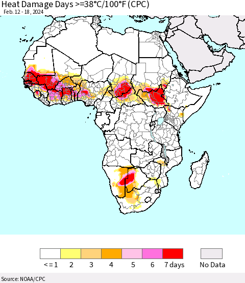 Africa Heat Damage Days >=38°C/100°F (CPC) Thematic Map For 2/12/2024 - 2/18/2024