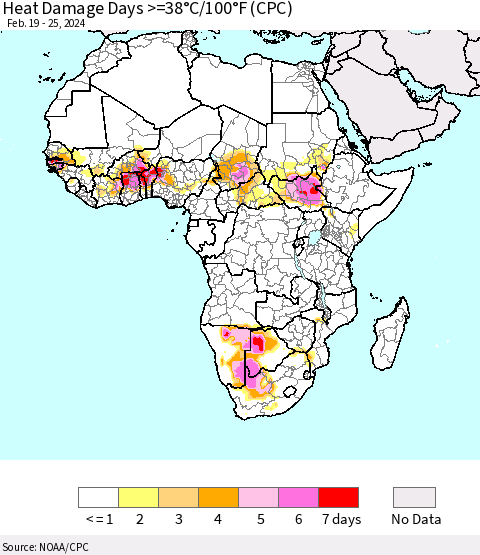 Africa Heat Damage Days >=38°C/100°F (CPC) Thematic Map For 2/19/2024 - 2/25/2024
