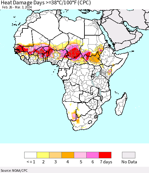 Africa Heat Damage Days >=38°C/100°F (CPC) Thematic Map For 2/26/2024 - 3/3/2024