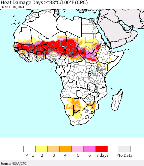 Africa Heat Damage Days >=38°C/100°F (CPC) Thematic Map For 3/4/2024 - 3/10/2024