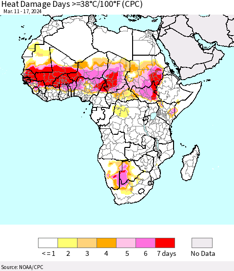 Africa Heat Damage Days >=38°C/100°F (CPC) Thematic Map For 3/11/2024 - 3/17/2024