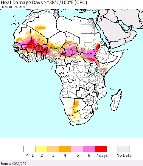 Africa Heat Damage Days >=38°C/100°F (CPC) Thematic Map For 3/18/2024 - 3/24/2024