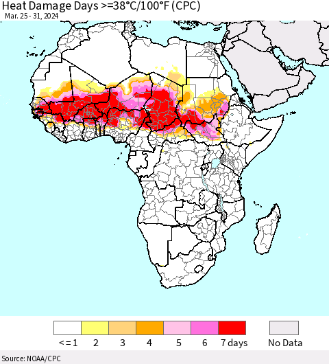Africa Heat Damage Days >=38°C/100°F (CPC) Thematic Map For 3/25/2024 - 3/31/2024