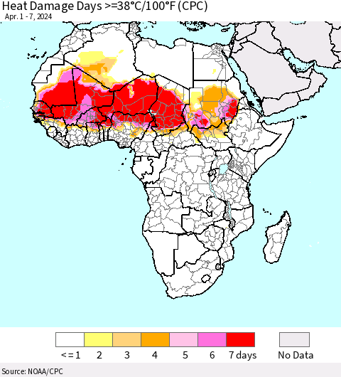 Africa Heat Damage Days >=38°C/100°F (CPC) Thematic Map For 4/1/2024 - 4/7/2024