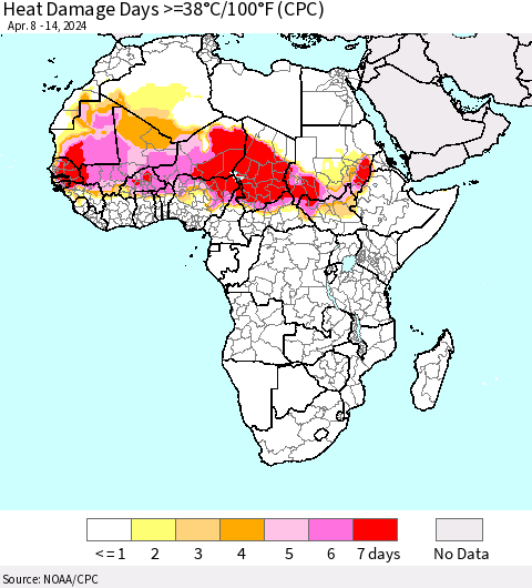 Africa Heat Damage Days >=38°C/100°F (CPC) Thematic Map For 4/8/2024 - 4/14/2024