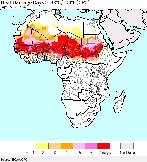 Africa Heat Damage Days >=38°C/100°F (CPC) Thematic Map For 4/15/2024 - 4/21/2024
