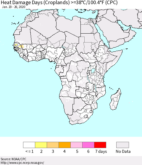 Africa Heat Damage Days (Croplands) >=38°C/100°F (CPC) Thematic Map For 1/20/2020 - 1/26/2020