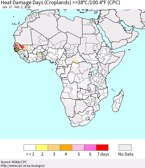 Africa Heat Damage Days (Croplands) >=38°C/100°F (CPC) Thematic Map For 1/27/2020 - 2/2/2020