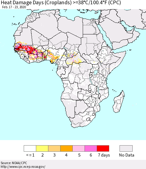 Africa Heat Damage Days (Croplands) >=38°C/100°F (CPC) Thematic Map For 2/17/2020 - 2/23/2020