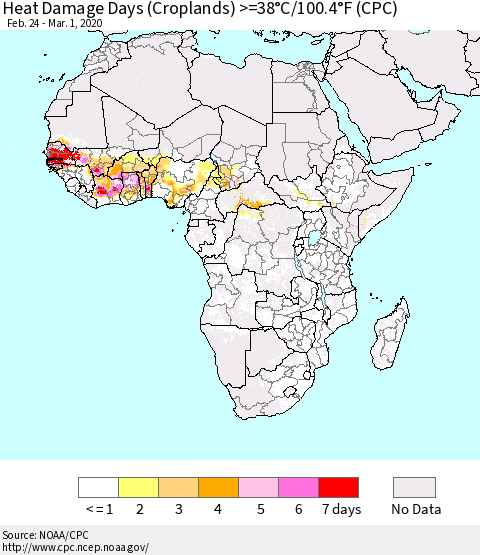 Africa Heat Damage Days (Croplands) >=38°C/100°F (CPC) Thematic Map For 2/24/2020 - 3/1/2020
