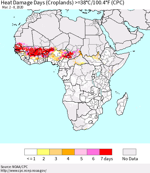 Africa Heat Damage Days (Croplands) >=38°C/100°F (CPC) Thematic Map For 3/2/2020 - 3/8/2020