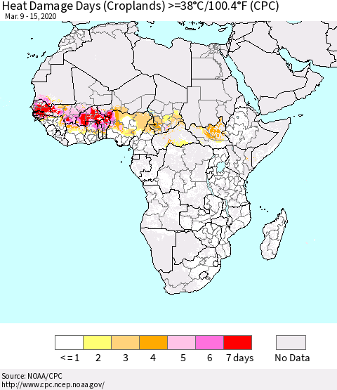 Africa Heat Damage Days (Croplands) >=38°C/100°F (CPC) Thematic Map For 3/9/2020 - 3/15/2020