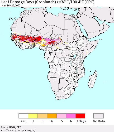 Africa Heat Damage Days (Croplands) >=38°C/100°F (CPC) Thematic Map For 3/16/2020 - 3/22/2020