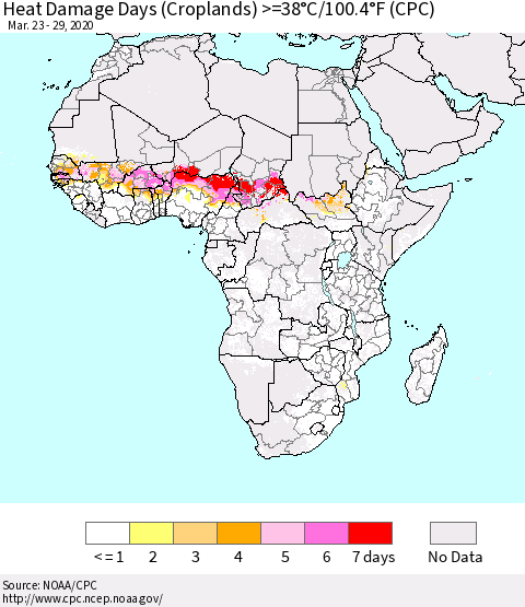 Africa Heat Damage Days (Croplands) >=38°C/100°F (CPC) Thematic Map For 3/23/2020 - 3/29/2020