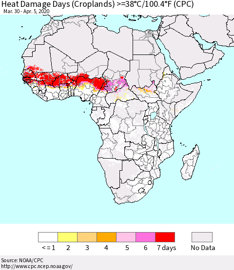Africa Heat Damage Days (Croplands) >=38°C/100°F (CPC) Thematic Map For 3/30/2020 - 4/5/2020