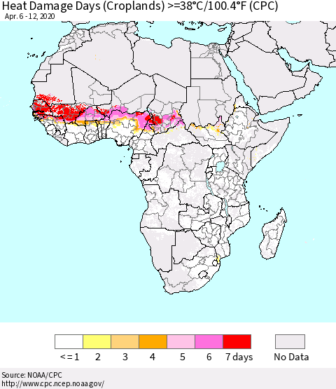 Africa Heat Damage Days (Croplands) >=38°C/100°F (CPC) Thematic Map For 4/6/2020 - 4/12/2020