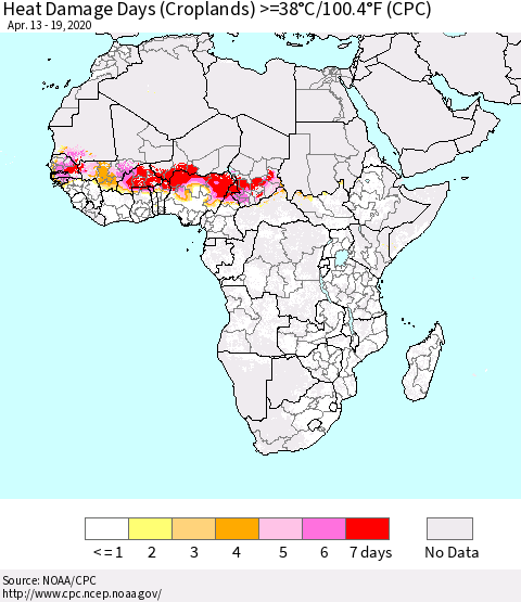 Africa Heat Damage Days (Croplands) >=38°C/100°F (CPC) Thematic Map For 4/13/2020 - 4/19/2020