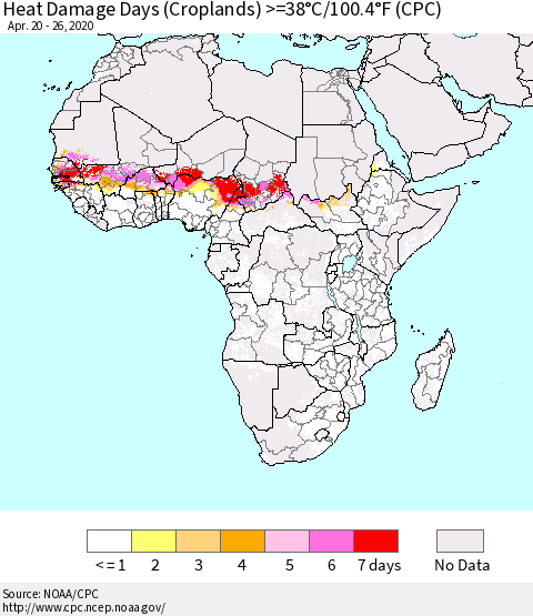 Africa Heat Damage Days (Croplands) >=38°C/100°F (CPC) Thematic Map For 4/20/2020 - 4/26/2020