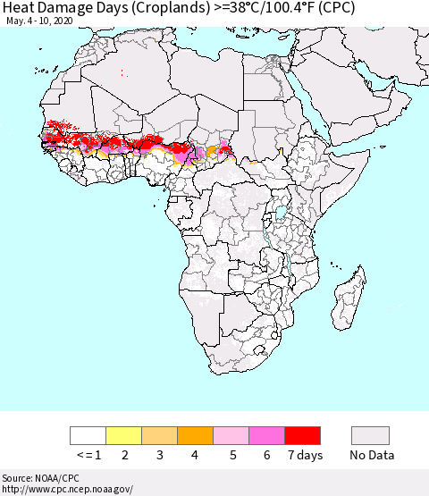 Africa Heat Damage Days (Croplands) >=38°C/100°F (CPC) Thematic Map For 5/4/2020 - 5/10/2020