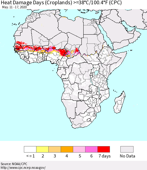 Africa Heat Damage Days (Croplands) >=38°C/100°F (CPC) Thematic Map For 5/11/2020 - 5/17/2020