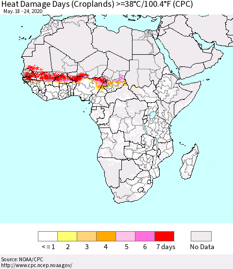 Africa Heat Damage Days (Croplands) >=38°C/100°F (CPC) Thematic Map For 5/18/2020 - 5/24/2020
