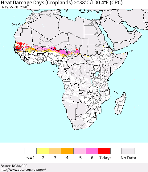Africa Heat Damage Days (Croplands) >=38°C/100°F (CPC) Thematic Map For 5/25/2020 - 5/31/2020