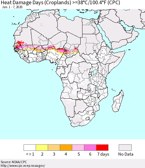 Africa Heat Damage Days (Croplands) >=38°C/100°F (CPC) Thematic Map For 6/1/2020 - 6/7/2020