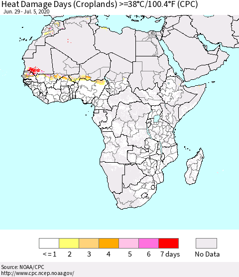 Africa Heat Damage Days (Croplands) >=38°C/100°F (CPC) Thematic Map For 6/29/2020 - 7/5/2020