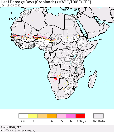 Africa Heat Damage Days (Croplands) >=38°C/100°F (CPC) Thematic Map For 10/19/2020 - 10/25/2020