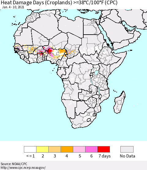 Africa Heat Damage Days (Croplands) >=38°C/100°F (CPC) Thematic Map For 1/4/2021 - 1/10/2021