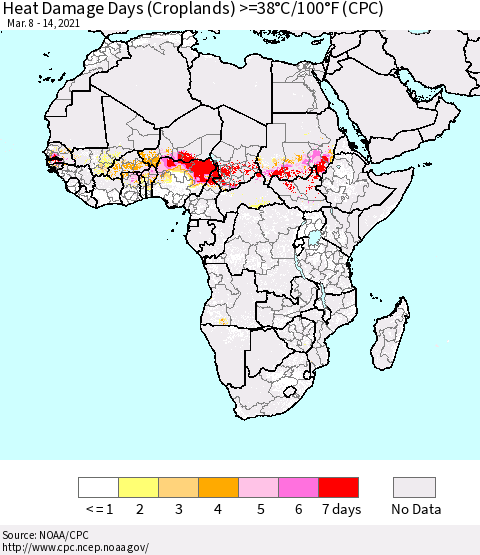 Africa Heat Damage Days (Croplands) >=38°C/100°F (CPC) Thematic Map For 3/8/2021 - 3/14/2021