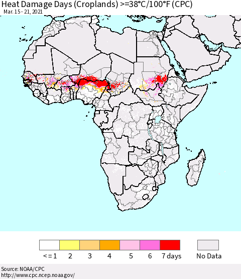 Africa Heat Damage Days (Croplands) >=38°C/100°F (CPC) Thematic Map For 3/15/2021 - 3/21/2021
