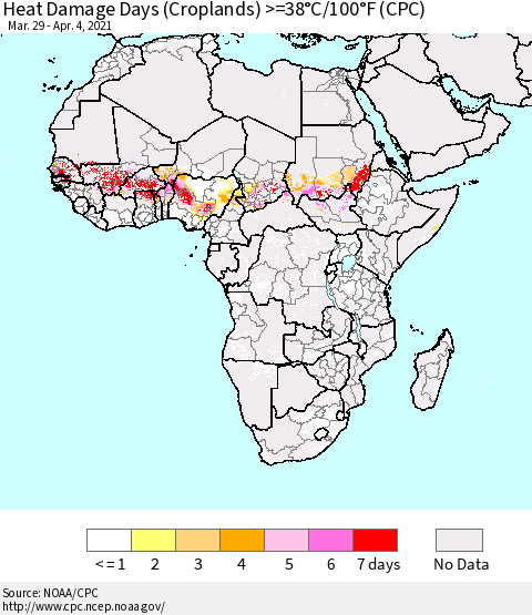 Africa Heat Damage Days (Croplands) >=38°C/100°F (CPC) Thematic Map For 3/29/2021 - 4/4/2021