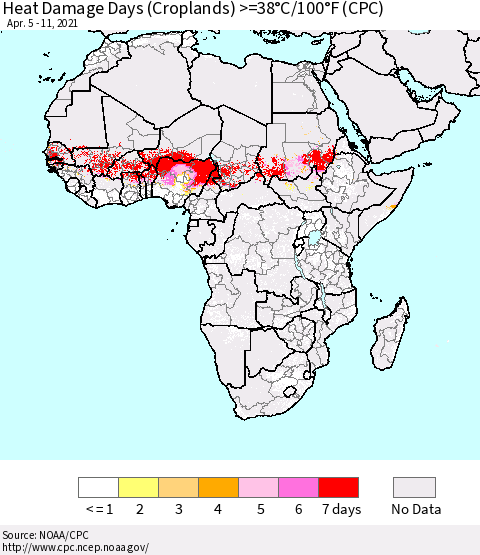 Africa Heat Damage Days (Croplands) >=38°C/100°F (CPC) Thematic Map For 4/5/2021 - 4/11/2021
