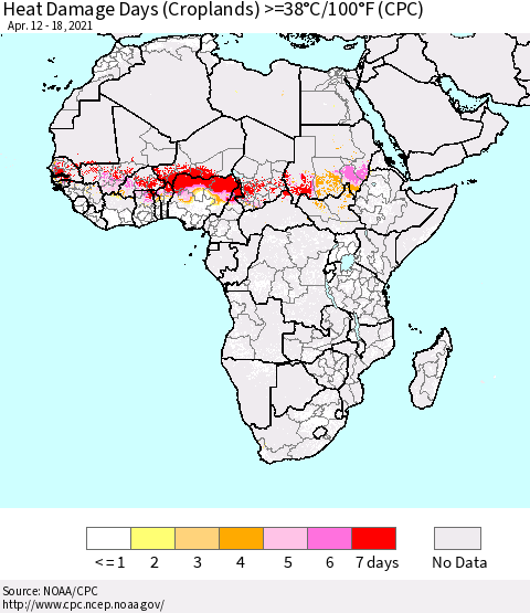 Africa Heat Damage Days (Croplands) >=38°C/100°F (CPC) Thematic Map For 4/12/2021 - 4/18/2021