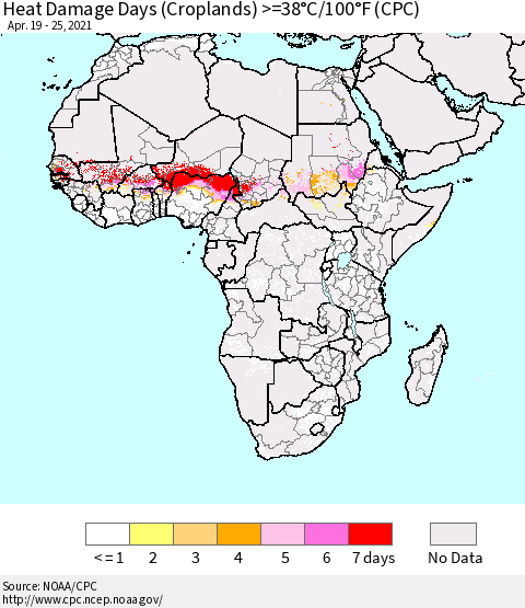 Africa Heat Damage Days (Croplands) >=38°C/100°F (CPC) Thematic Map For 4/19/2021 - 4/25/2021