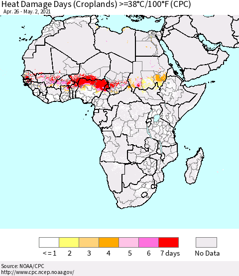 Africa Heat Damage Days (Croplands) >=38°C/100°F (CPC) Thematic Map For 4/26/2021 - 5/2/2021