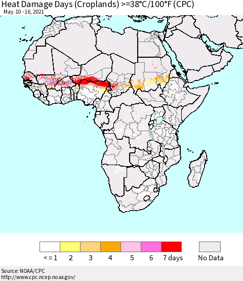 Africa Heat Damage Days (Croplands) >=38°C/100°F (CPC) Thematic Map For 5/10/2021 - 5/16/2021