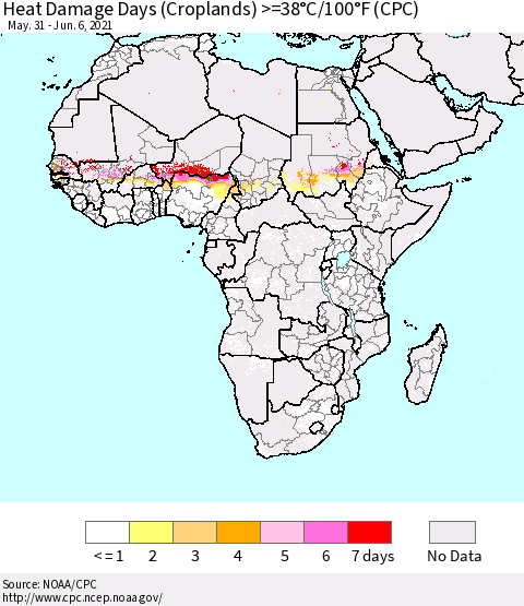 Africa Heat Damage Days (Croplands) >=38°C/100°F (CPC) Thematic Map For 5/31/2021 - 6/6/2021