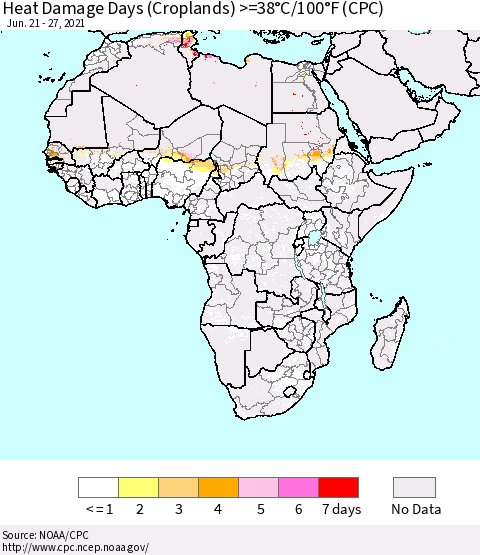 Africa Heat Damage Days (Croplands) >=38°C/100°F (CPC) Thematic Map For 6/21/2021 - 6/27/2021