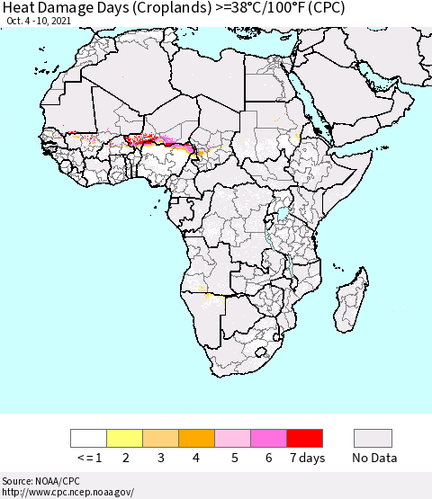 Africa Heat Damage Days (Croplands) >=38°C/100°F (CPC) Thematic Map For 10/4/2021 - 10/10/2021