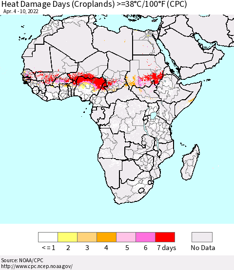 Africa Heat Damage Days (Croplands) >=38°C/100°F (CPC) Thematic Map For 4/4/2022 - 4/10/2022