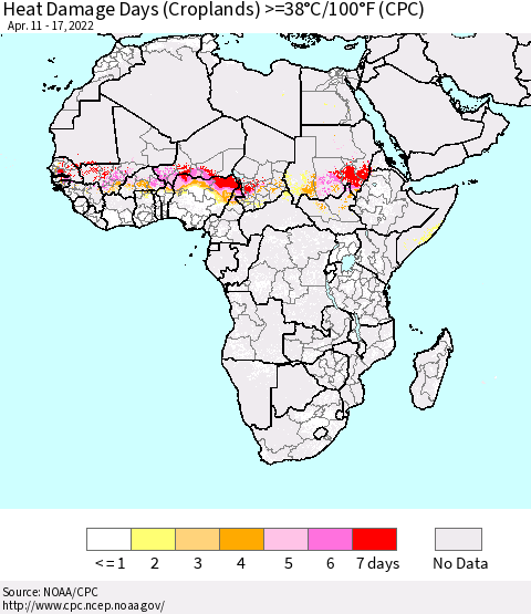 Africa Heat Damage Days (Croplands) >=38°C/100°F (CPC) Thematic Map For 4/11/2022 - 4/17/2022