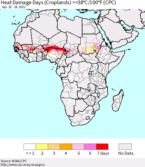 Africa Heat Damage Days (Croplands) >=38°C/100°F (CPC) Thematic Map For 4/18/2022 - 4/24/2022