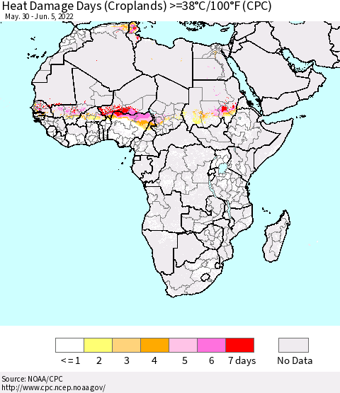 Africa Heat Damage Days (Croplands) >=38°C/100°F (CPC) Thematic Map For 5/30/2022 - 6/5/2022