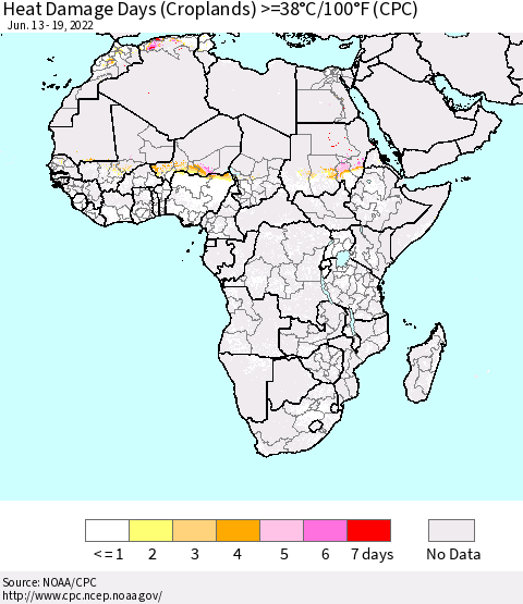 Africa Heat Damage Days (Croplands) >=38°C/100°F (CPC) Thematic Map For 6/13/2022 - 6/19/2022