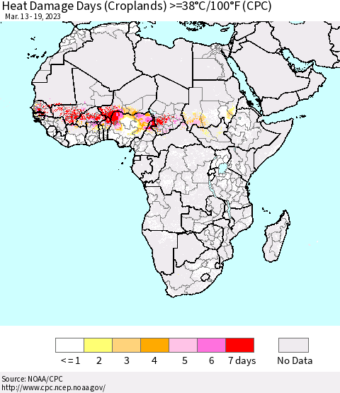 Africa Heat Damage Days (Croplands) >=38°C/100°F (CPC) Thematic Map For 3/13/2023 - 3/19/2023